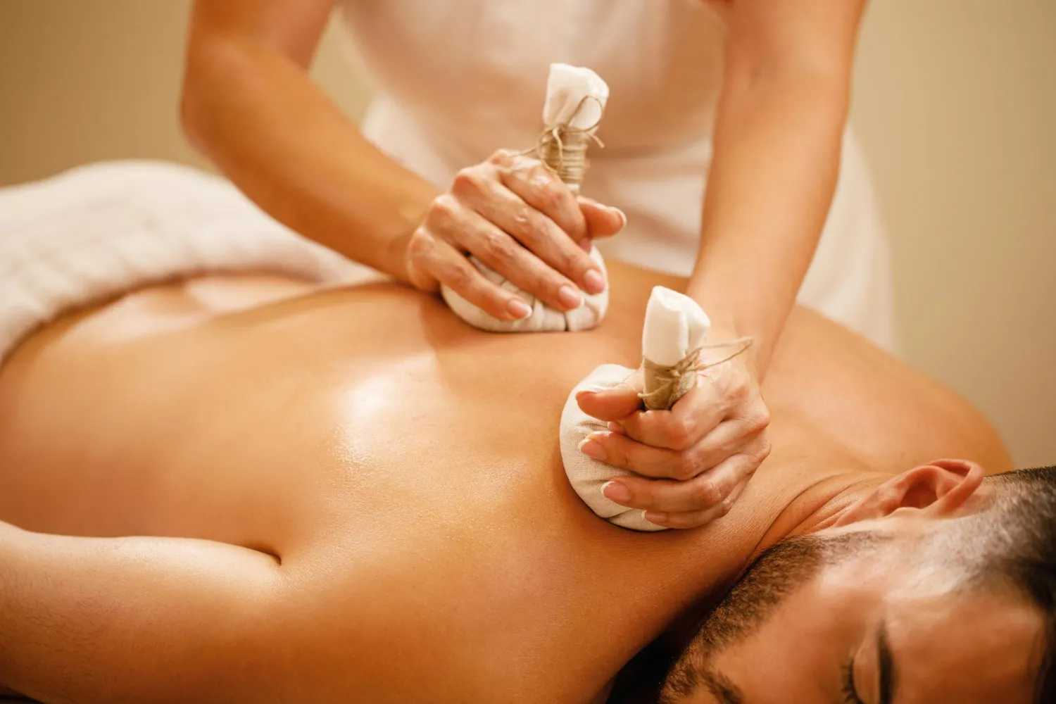 Thai massage therapy with stretching techniques for relaxation