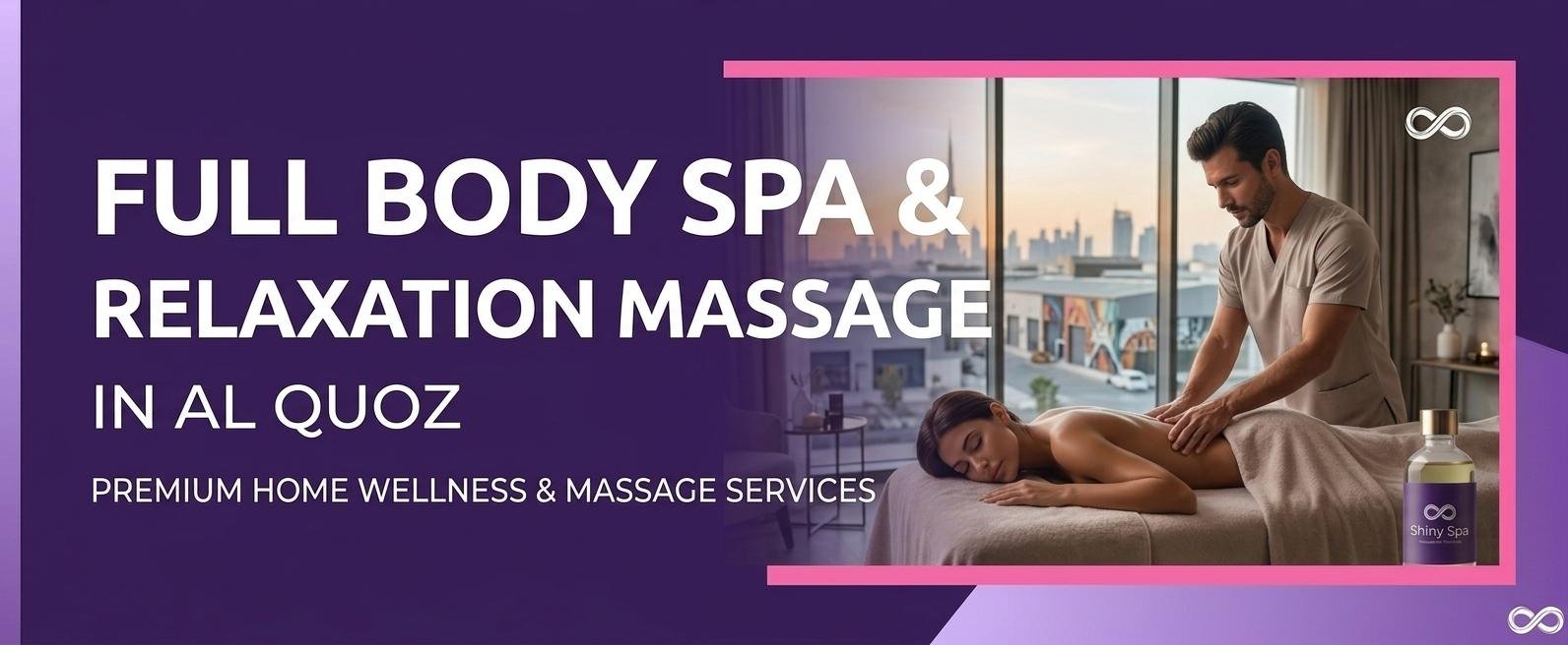 Full body spa and relaxation massage session in Al Quoz, Dubai. Male therapist massages client on a table with a urban skyline view, by Shiny Spa.