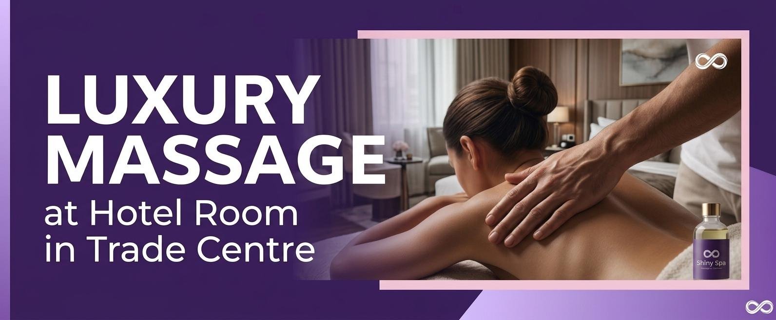 Professional back massage being administered to a person on a massage table inside a luxurious, wood-paneled hotel room with a cityscape view, featuring a bottle of 'Shiny Spa' oil and an infinity logo.